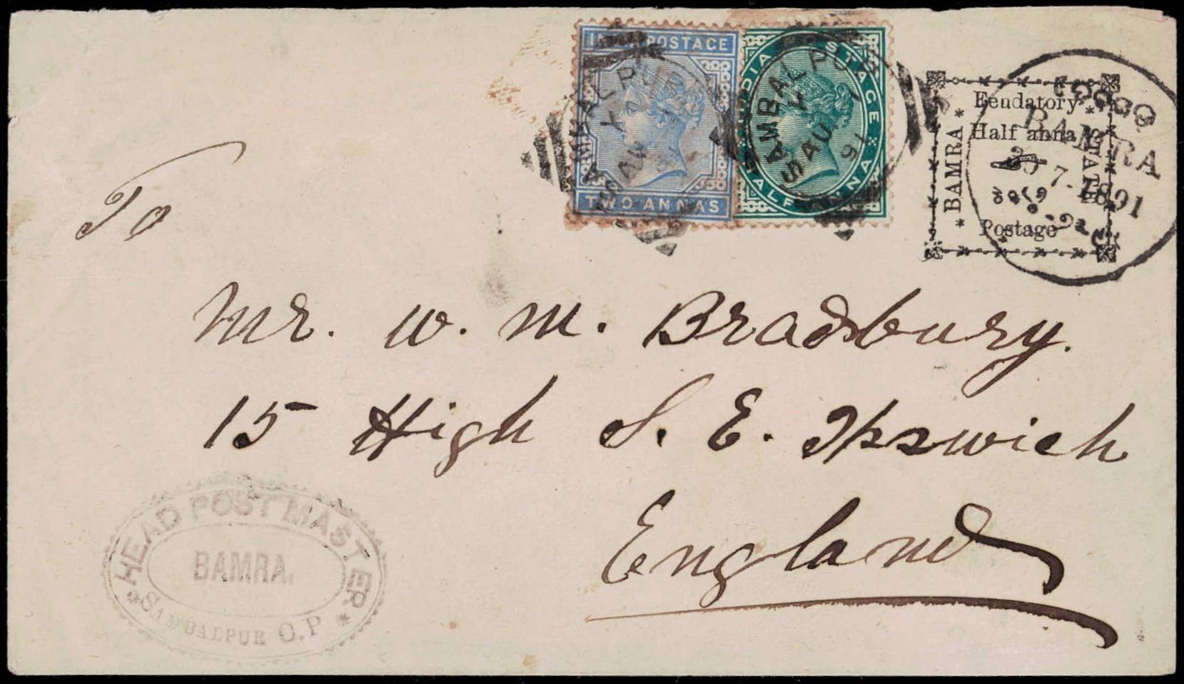 Bamra postal stationery to William Bradbury, Stamp Dealer, Ipswich